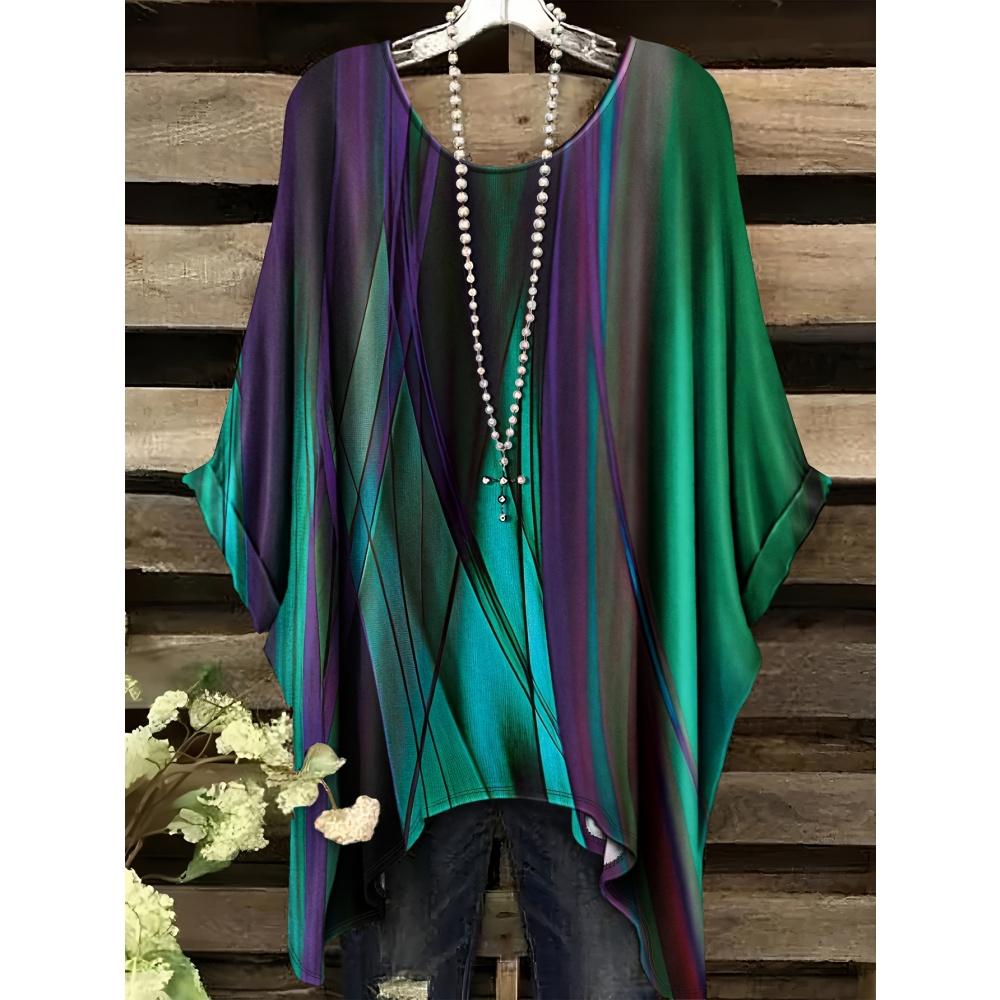 Women 's T-Shirt Simple Color Gradient Print Elegant Irregular Hem O- Neck Women's Clothing Casual T-Shirt Vacation Style Loose