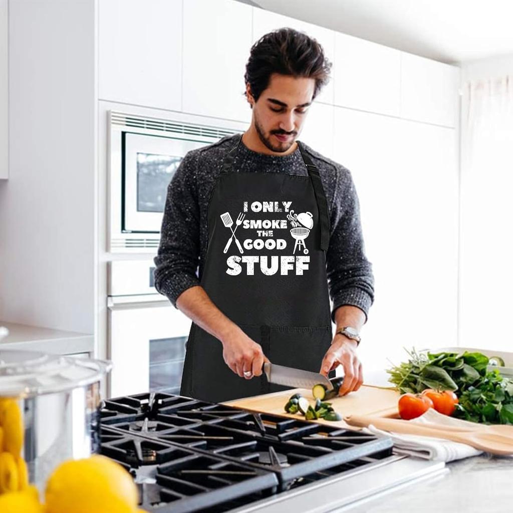 Rosoz Funny BBQ Black Chef Aprons for Men, Adjustable Kitchen Cooking Aprons for Men, Dad, Husband - Birthday, Father's Day