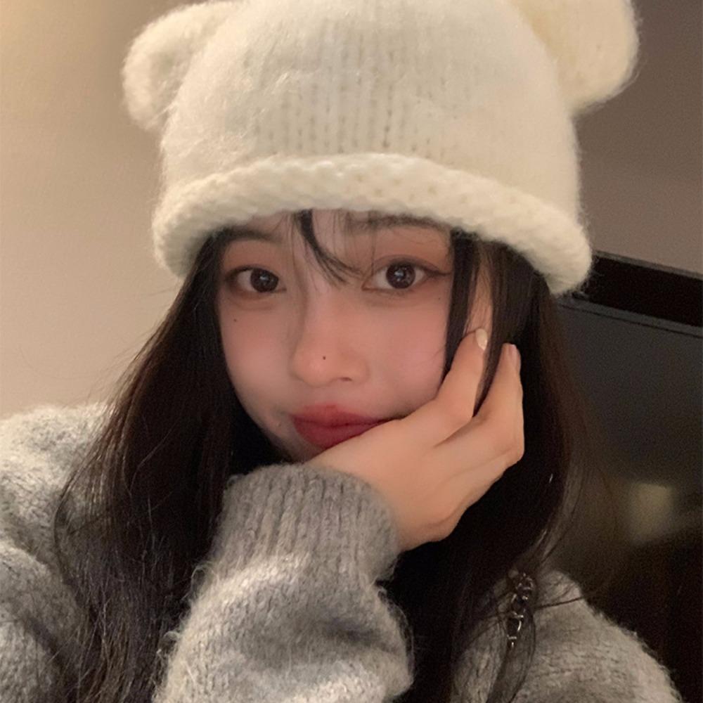 Y2K Knitted Pullover Hat Fluffy Brimless Beanie Cap Fashion Bear Ear Woolen Hat Keep Warm