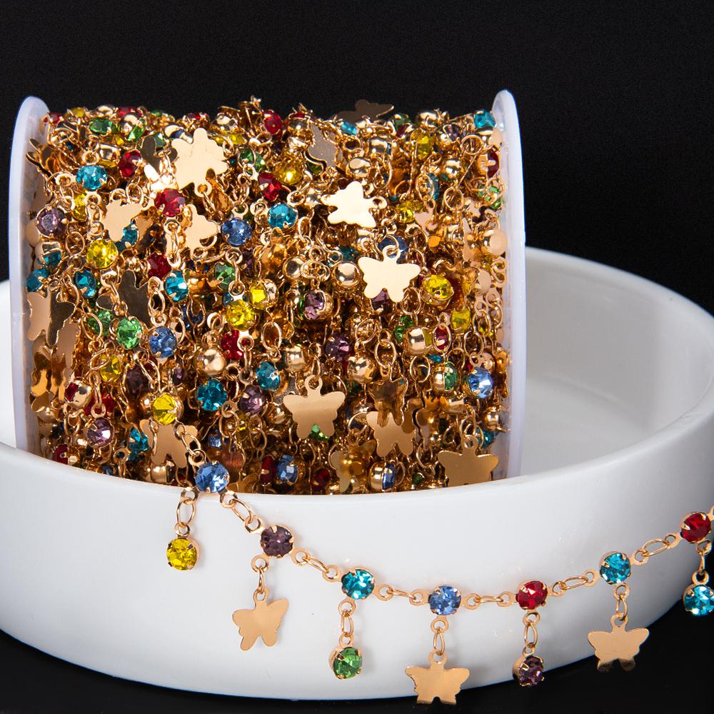 1Meter Colorful Crystal Beads Pendants Chains Metal Butterfly Charms Copper Chains Women Jewelry Making DIY Necklaces Bracelets