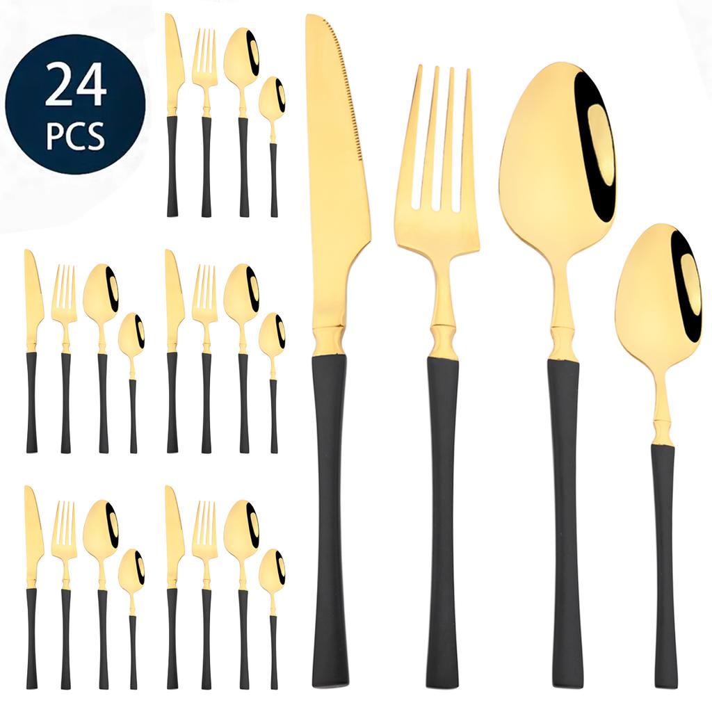 24Pcs Creative Gold Tableware Dinnerware Set Knife Fork Coffee Spoon Cutlery Set Stainless Steel Flatware Western Silverware