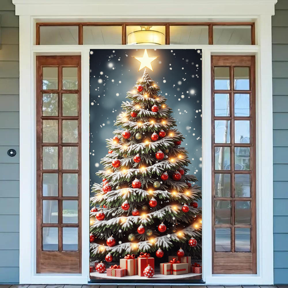 Christmas Tree Pattern Decoration 180x90cm 2025 Christmas Door Cover Banner Party Background Outdoor Porch Sign Can Customized