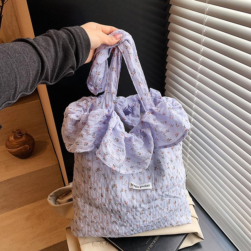 Korean Floral Canvas Tote Bag 2025 Summer New Large-capacity Pleated Cloud Bag Women's Fashion Shoulder Bag