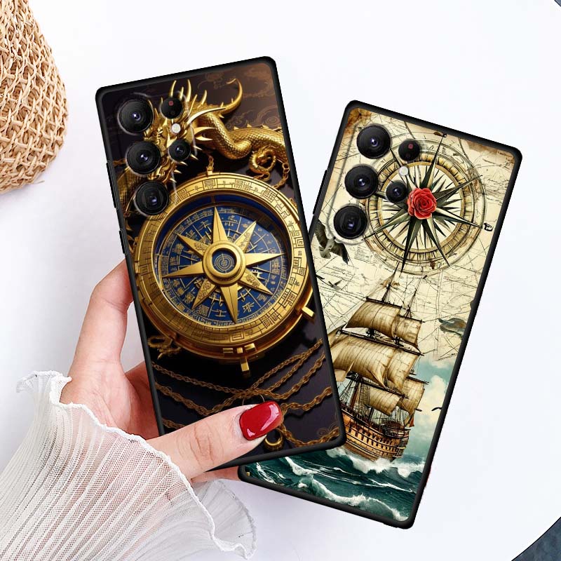 Винтажная иллюстрация компаса Для Samsung Galaxy S26 S25 S24 S23 S22 S21 S20 Ultra Plus FE 5G Черный Мягкий ТПУ Чехол для Телефона