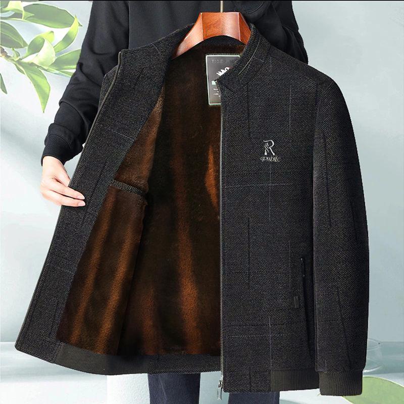 Men's Woolen Winter Coat with Fleece Lining and Thick Insulation - Ideal for Middle-aged and Elderly.
