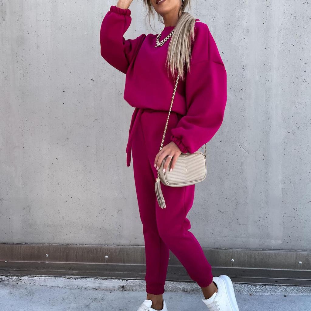 Женский однотонный костюм с длинным рукавом и круглым вырезом, свободный топ, широкие брюки, осень-зима