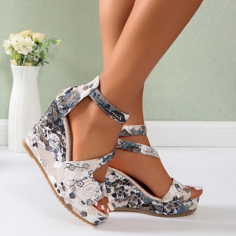 2024 Heel Footwear Ladies Shoes Platform Floral Women's Lace-up Wedges Comfy Wedge Sandals for Women Dressy Sandals for Women