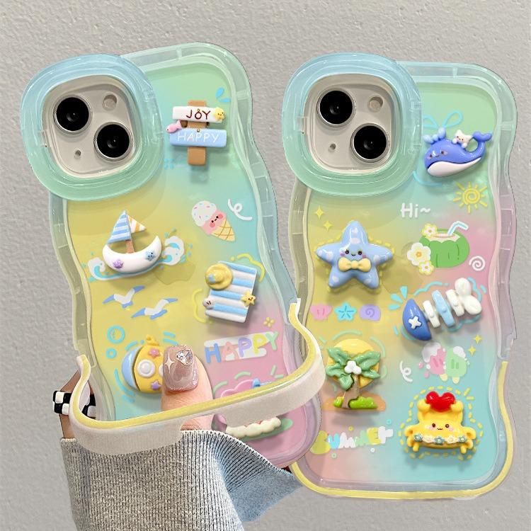 Applicable To Apple 15pm Mobile Phone Case IPhone 13 Smudged Marine Doll 12 Wavy Edge Invisible Double Bracket