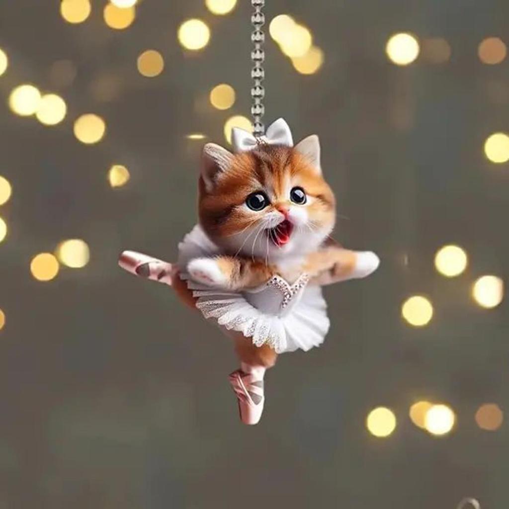 Christmas Tree Ornament Cartoon Cat Pendant with Lanyard Easy To Hang Decorative Acrylic Rearview Mirror Hanging Accessory