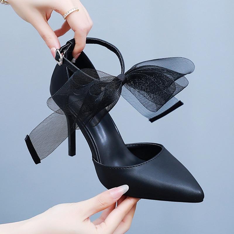 9cm Lace Bow High Heels New Sexy Line with Pointed Thin Head Pumps Girl Baotou Sandals Women