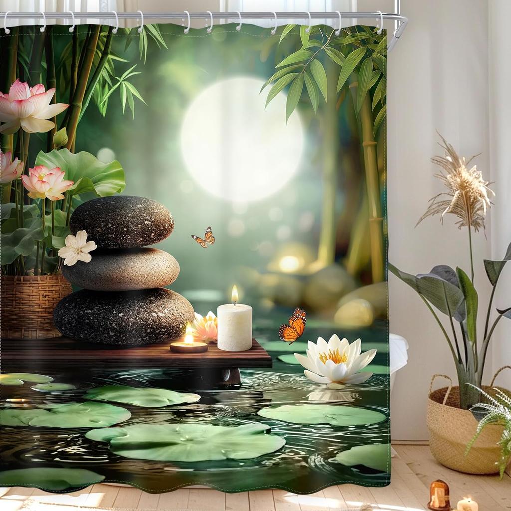 Бамбуковая шторка для душа Zen с крючками – Дизайн Спа с Лотосом, Луной и Камнем, Успокаивающий Декор для Ванной Комнаты, Медитация