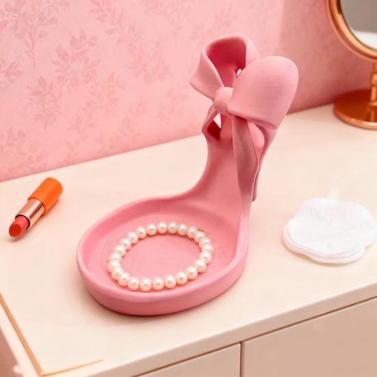 Розовая подставка для украшений в виде туфли-стилета, напечатанная на 3D-принтере, блюдо для украшений в виде туфли на высоком каблуке с бантом, держатель для женских колец и серег, подставка для демонстрации украшений для туалетного столика в спальне