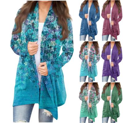 Женская модная повседневная куртка-кардиган средней длины с цветочным принтом, пальто