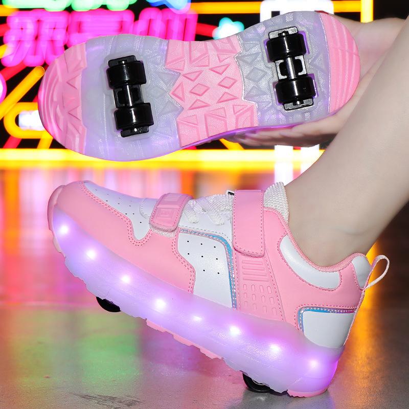 Кроссовки для мальчиков на колесиках Детские кроссовки-бегунки, ставшие интернет-знаменитостью Светящиеся роликовые коньки для катания Четырехколесные кроссовки-бегунки