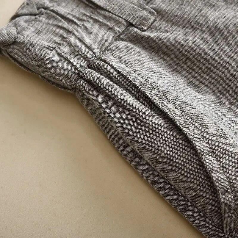 Beige Solid Casual Basic High Waist Linen Wide Leg Loose Women's Pants Korean Fashion Ankle-Length Pants For Women