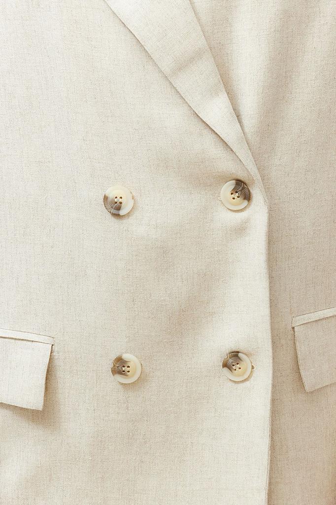 Женская мода бежевый двубортный пиджак из хлопка и льна с застежкой