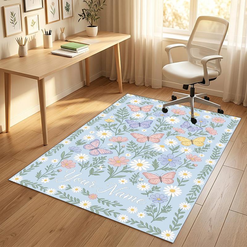 Butterflies Flowers Garden Theme Soft Crystal Velvet Rug Custom Name & Text Print Non Slip Floor Rug for Bedroom Living Room