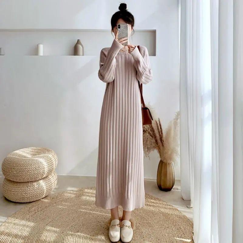 Платье длинное шерстяное платье длиной до колена для женщин 2023, осень и зима, свободный низ, однотонное трикотажное женское платье с длинными рукавами