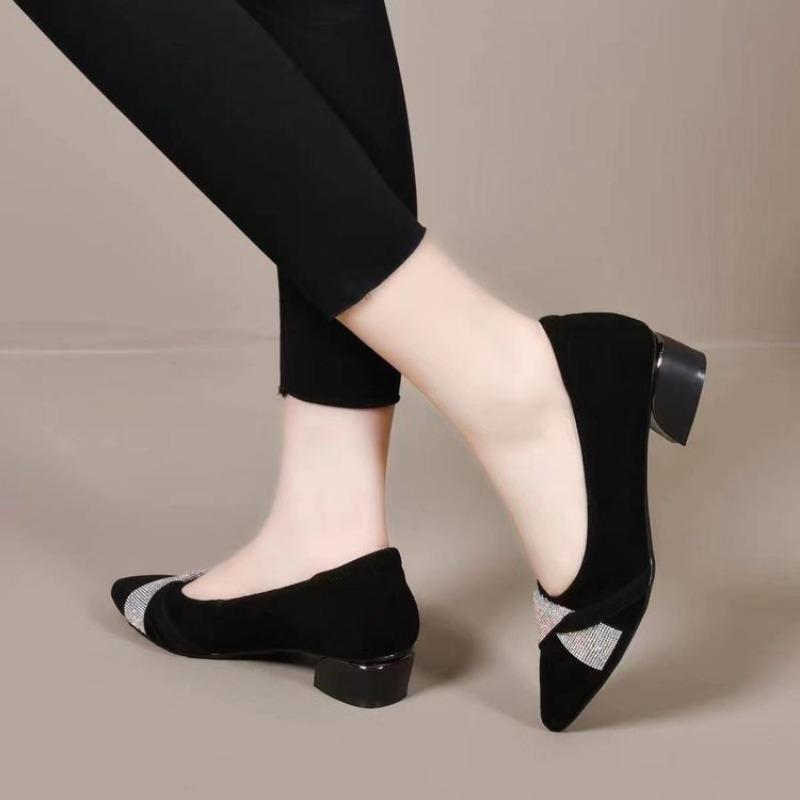 Женские осенние туфли-лодочки на низком каблуке со стразами, новые матовые туфли из маленькой кожи на среднем каблуке с острым носком, с темпераментом, для работы, для通勤