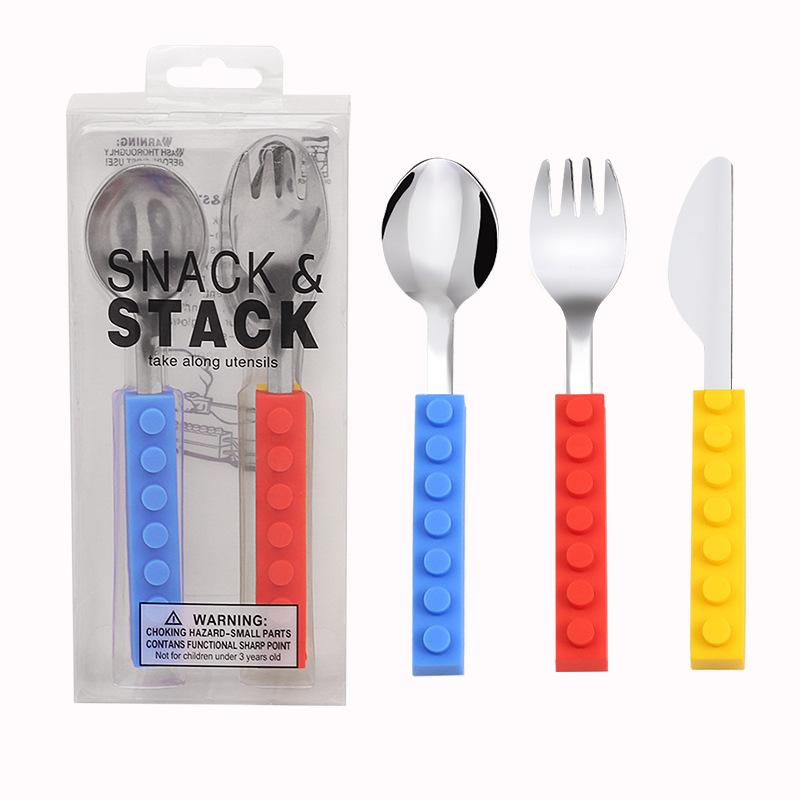 Stainless Steel Children's Tableware Set: Silicone Spoon, Baby Block Knife, Fork & Spoon (3-Piece)