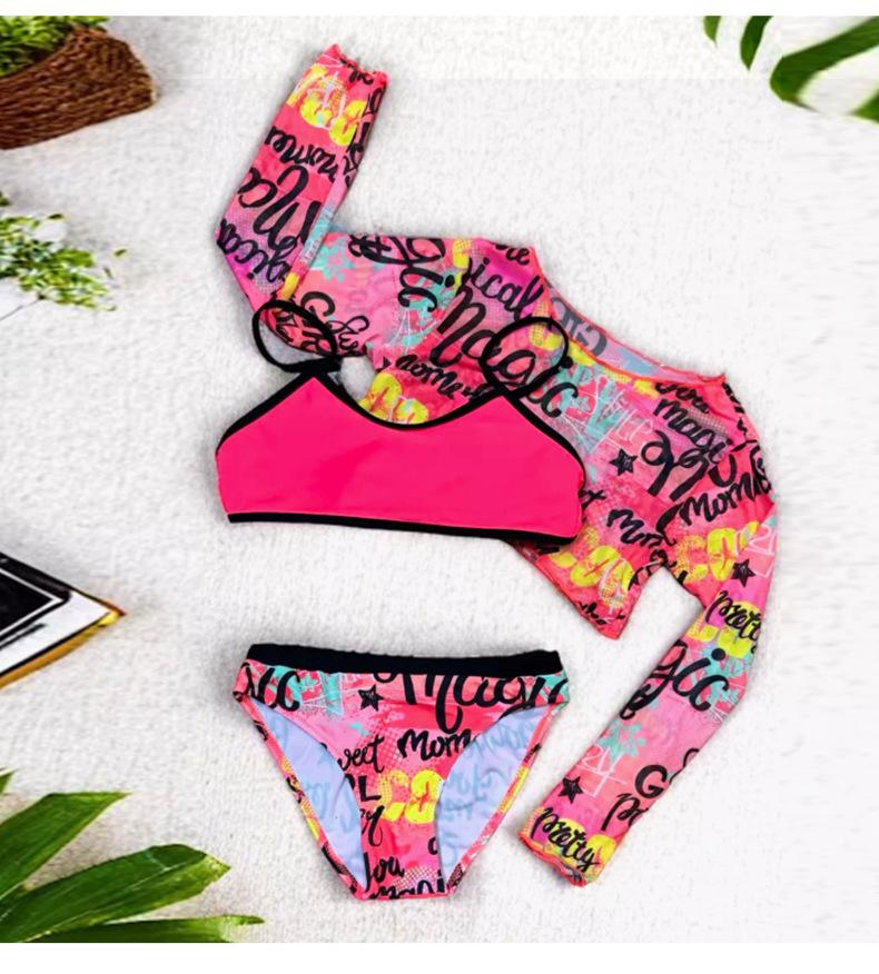 Tween Girls' Fashion 3 Pieces Sun-protective Swimwear Set Lace Up Back Camisole Printed Briefs and Long Sleeves Cover-Up Swimsuit Bathing Suit