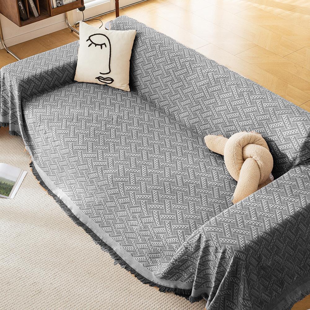 Ins Минималистичная Мягкая Хлопковая Пряжа Т-образный Диванный Плед Цельный Диванный Коврик Машинная Стирка Всесезонный Полное Покрытие Универсальный Чехол для Дивана Многофункциональный