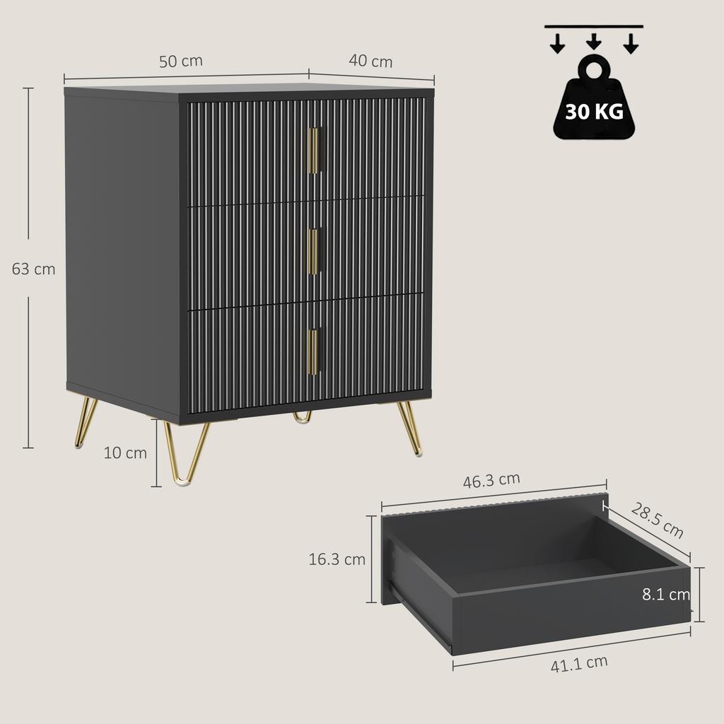 Modern 3-Drawer Dresser Fluted with Metal Legs for Bedroom, Black
