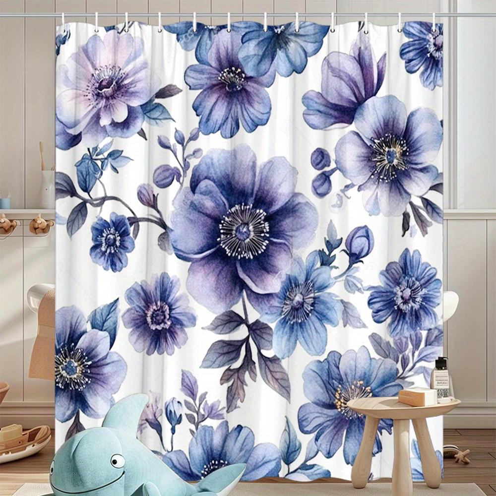 1Pc Elegant Lavender Blue Floral Shower Curtain - Polyester Fabric, Machine Washable, Suitable For Bathroom Decoration