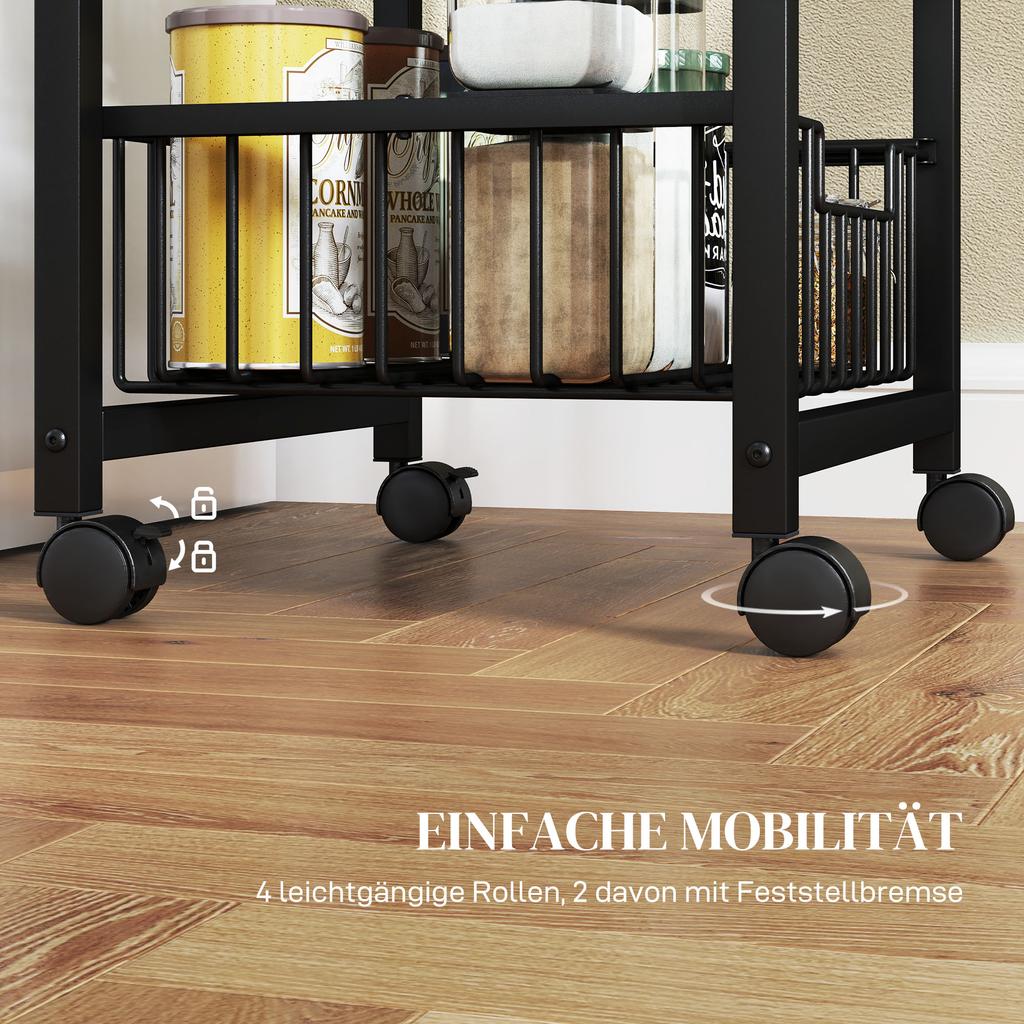 Four Basket Mobile Kitchen Island, with Brakes - Grey/Black