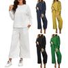 2 Pcs/Set Women Top Pants Suit Round Neck Long Sleeves Textured Solid Color Sweatshirt Drawstring Elastic Waist Wide Leg Trousers Sport Outfit