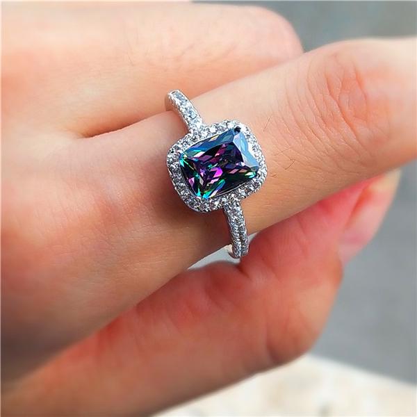 Fashion Mystic Rainbow Pink/Green Square Shaped Crystal Rings Silver Color Wedding Jewelry Female