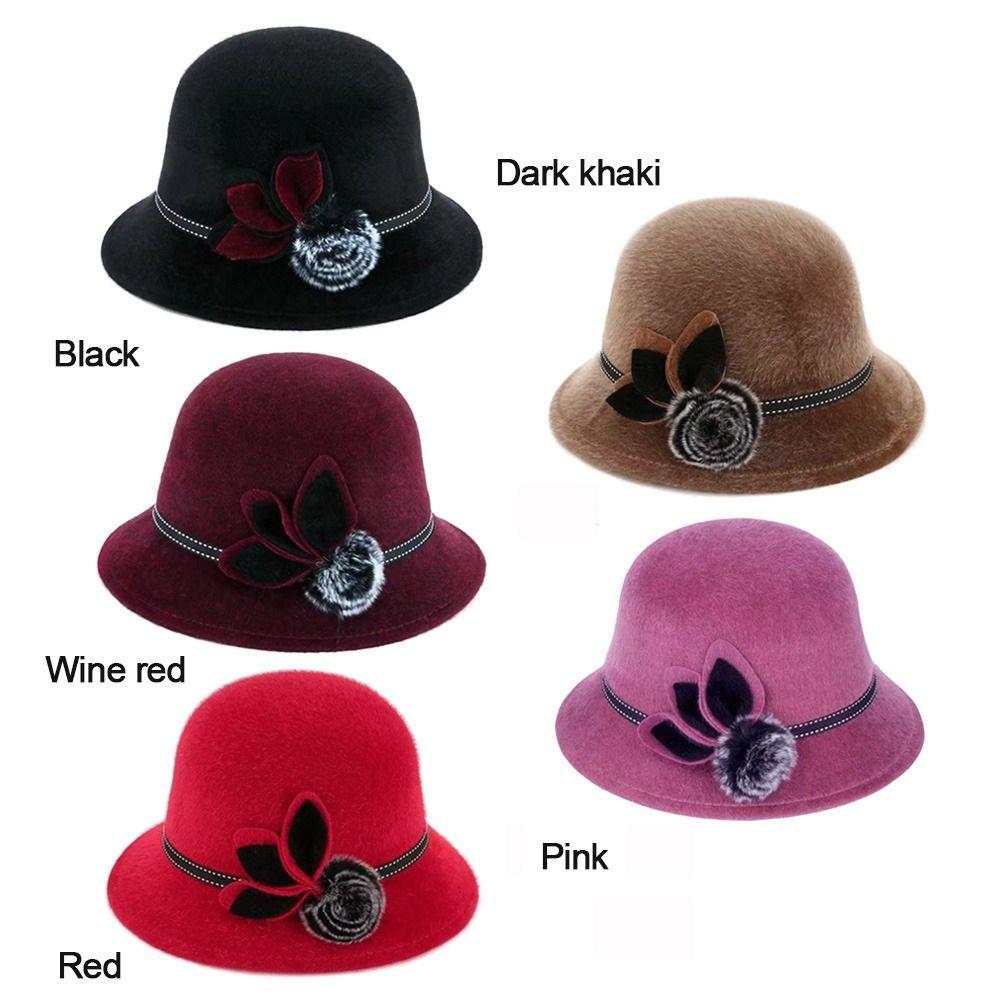 Ladies Casual Basin Hat Bowler Hat With Flower Wool Hats Fedoras Cap Dome Hat