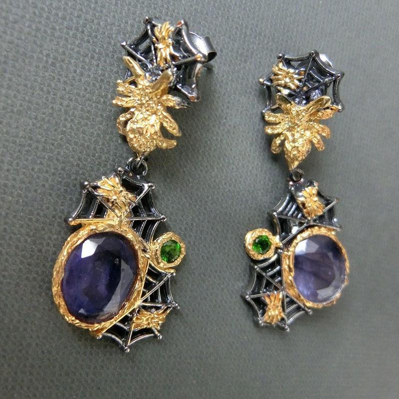 Vintage Temperament Purple Crystal Temperament Earrings Pop Two-tone Spider Web Design Handmade Earrings Women