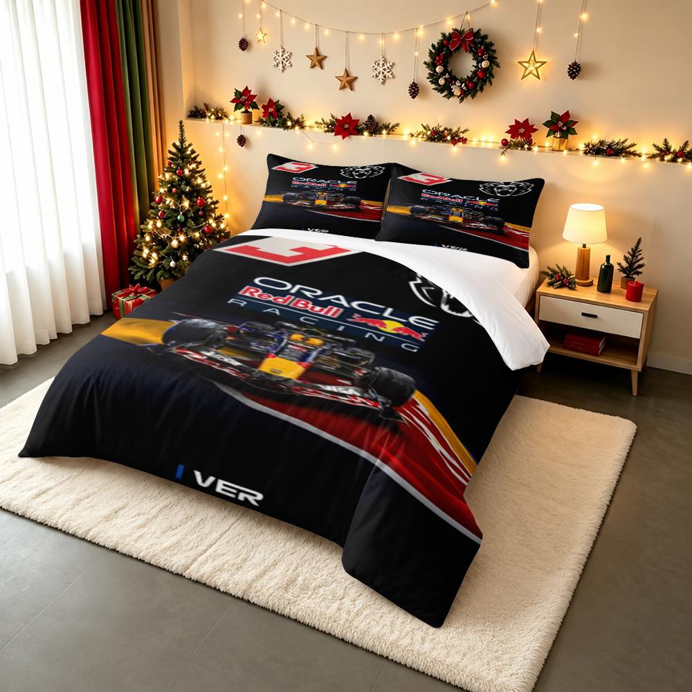 Oracle Red Bull Racing Car Bedding set (1 duvet cover, 2 pillowcases, duvet not included) for Game Room Decor, Black Red Track Scene F1 Art Print