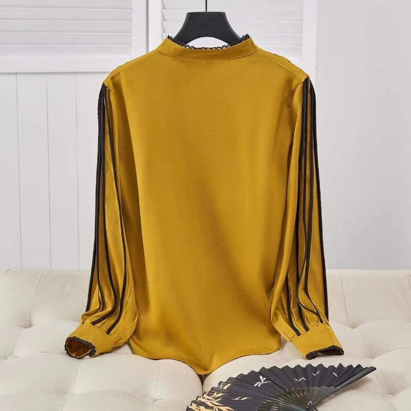 Элегантная мода повседневная однотонная атласная рубашка на пуговицах осенняя рубашка с воротником-стойкой и длинным рукавом свободные пуловеры топы женская одежда