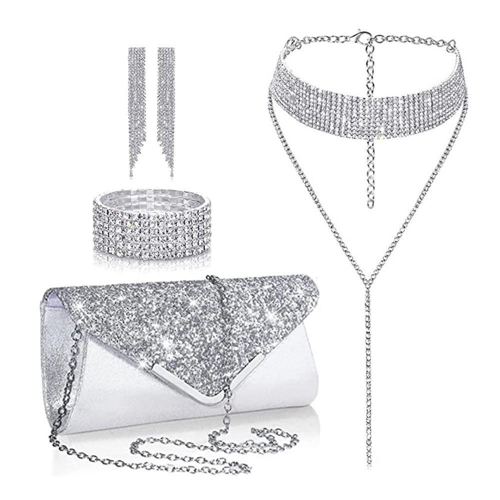 Fashion Set Necklace Soil Diamond Niche Geometric Tassel Earrings Bracelet Dinner Bag Four-piece Women's Set