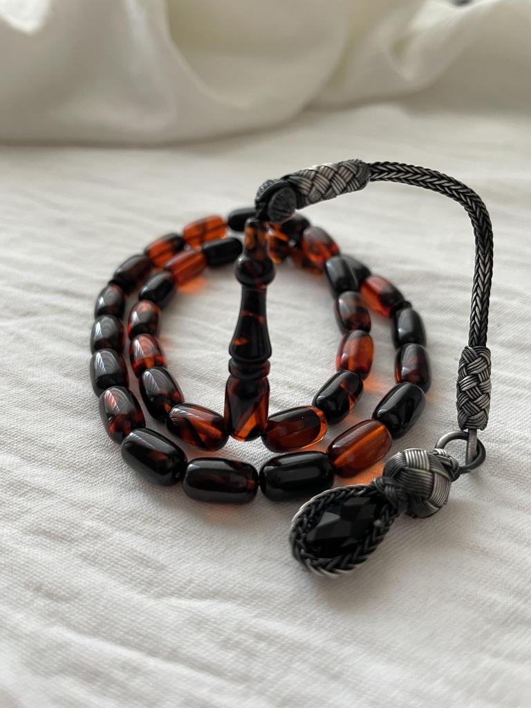 Молитвенные бусы из огненного янтаря 1000 пробы Серебряные кисточки Kazaziye Оранжевые черные четки, исламские мусульманские четки Misbaha, роскошный подарок 33 четки