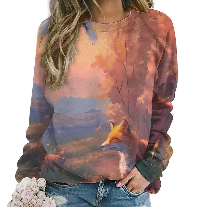 Осенние милые толстовки с лисой, женские повседневные худи с круглым вырезом и 3D-принтом животных, Y2k пуловеры, топы в стиле Харадзюку, женская одежда