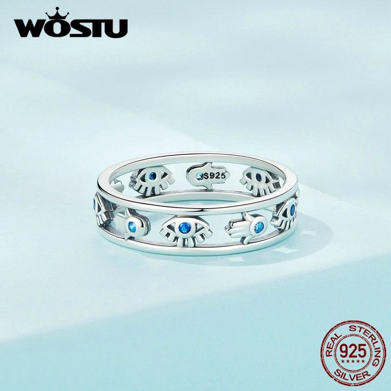 WOSTU Винтажный стиль, стерлингового серебра 925 пробы, синий Deliv Eye, полые кольца для женщин, кольцо Фатимы с цирконом, специальное ювелирное изделие, подарок