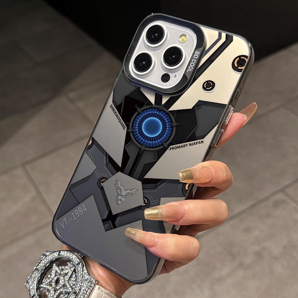 Cool Mecha Pattern Phone Case for iPhone 17 Air 16 16e 15 14 Plus 13 12 11 Pro Max X Xs XR 8 Colorful Silver Hard Cover