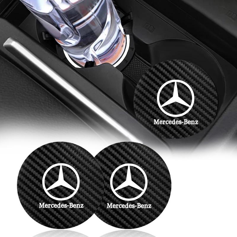 FCM5 2Pcs Carbon Fiber Texture Car Water Cup Coasters Anti-Slip Waterproof For Mercedes Benz C E S Class GLC GLB GLE GLS W212 sticker