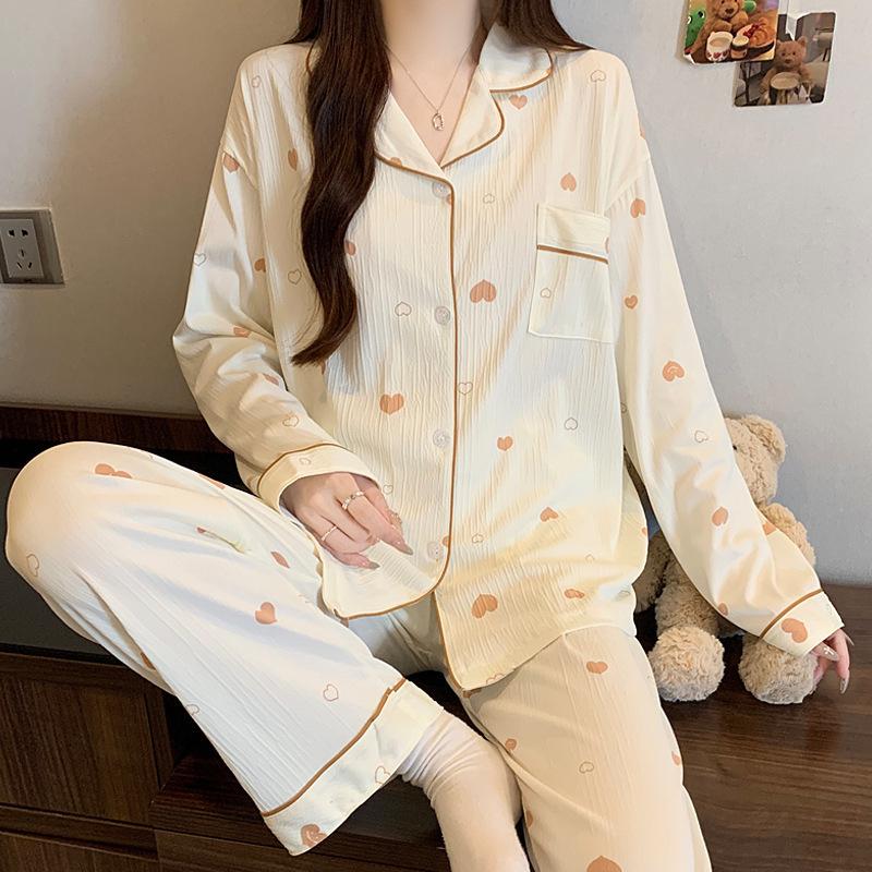 Japanese fashion casual pajamas women's spring and autumn new wrinkled cloth long-sleeved trousers sweet striped loungewear