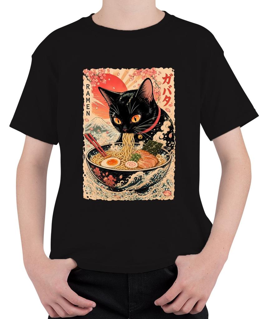 Ramen Black Cat Japanese Anime Manga Fuji Sakura Noodle Soup Kids T-Shirt