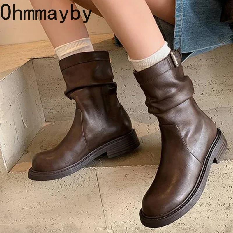 Fashion Low Heel Women Western Cowgirl Boots Fashion Slip On Belt Buckle Shoes Retro Style Autumn Winter Ladies Knight Short Booties