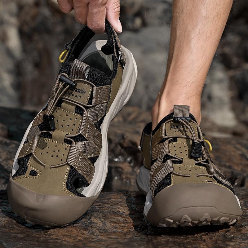 Summer Men's Hollow Leather Beach Sandals Toe Cap Outdoor Sports Shoes Handmade Mesh Shoes