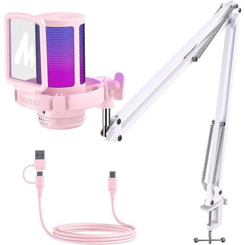 MAONO USB Condenser Gaming Microphone, PC Microphone with Noise Cancellation, Mute Button, Unidirectional RGB Lighting, Volume Control, Plug & Play, F