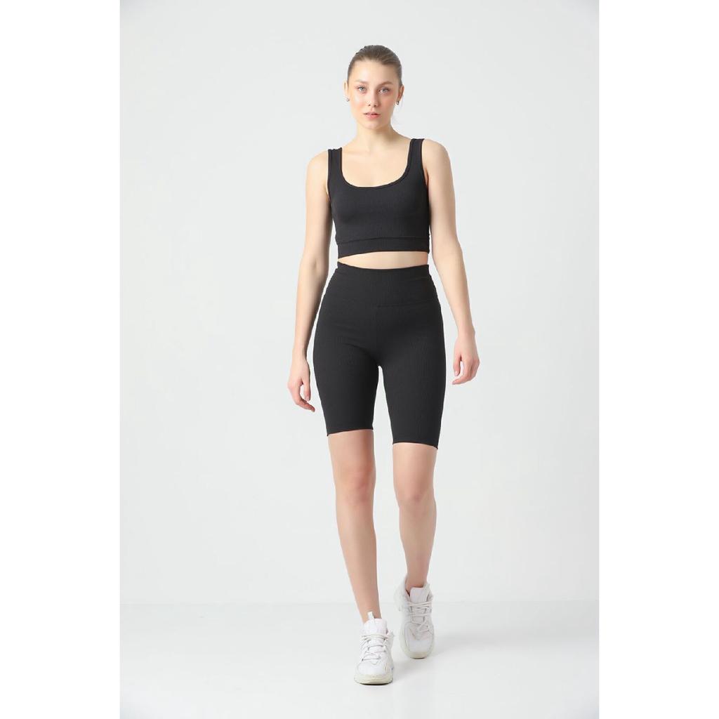 Black Comfortable Flexible Ribbed Sports Bra - Biker Tights Set