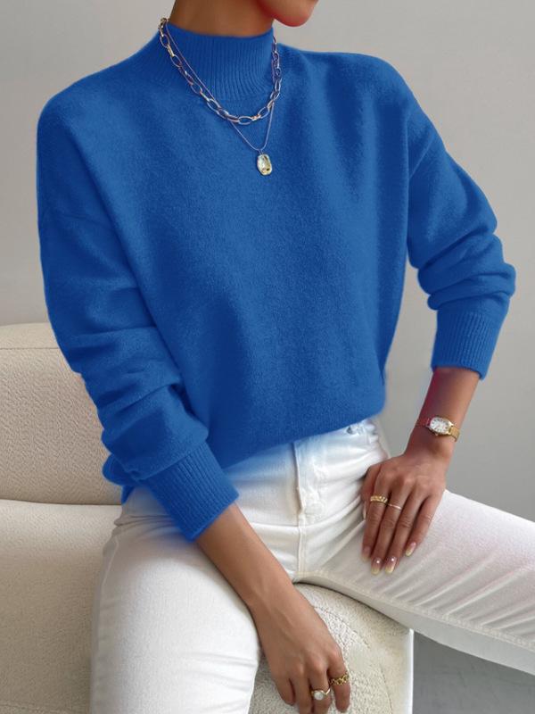 Women's Solid Color Loose Knit Sweater - Half-High Neck, Long Sleeve, Autumn/Winter Fashion.