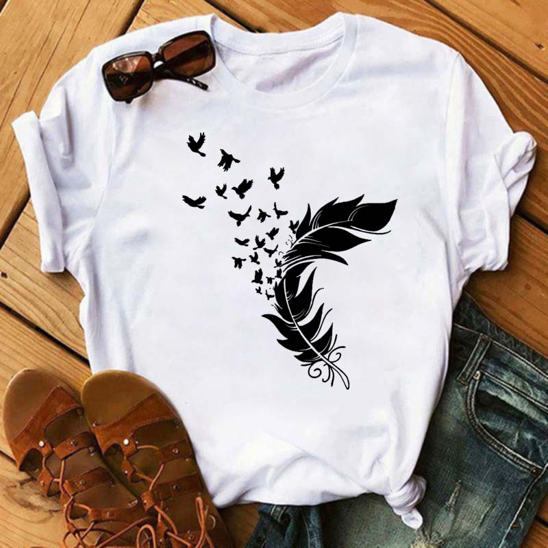 Модная женская футболка с забавным принтом бабочки и пера, футболка, летние топы с коротким рукавом, футболка, женские футболки с перьями
