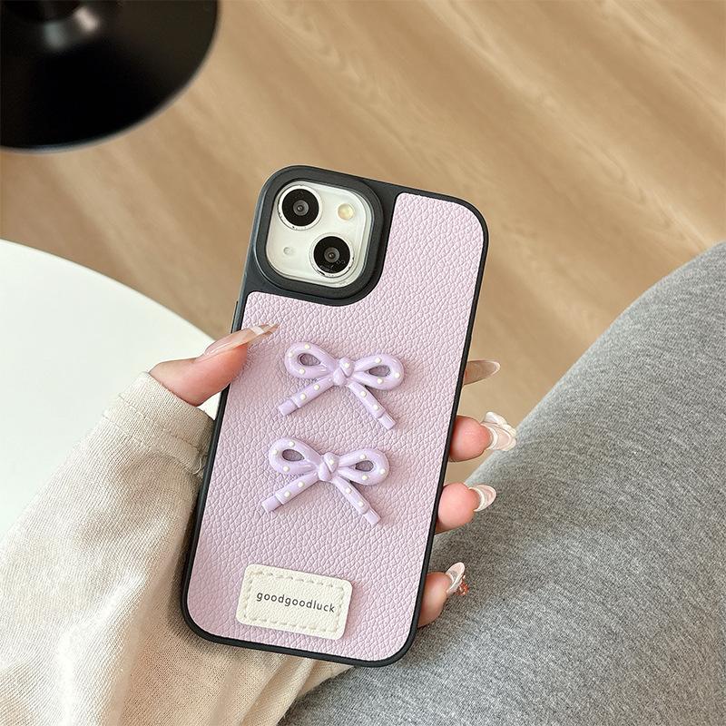 For Apple 16 Leather Solid Color Mobile Phone Case Simple for IPhone15Promax Bow 17 Women's Model 14